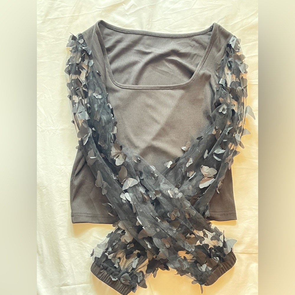 EUC Elegant Black Sheer Sleeve Top